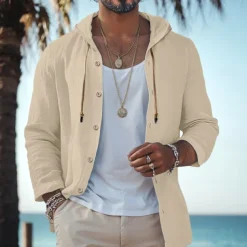 Men's Shirt Linen Shirt Beach Wear Button Up Shirt Hooded Shirt Plain Vacation Curise Black White Green Khaki Long Sleeve Hooded Spring & Summer Clothing Apparel Buttons