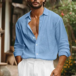 Men's Shirt Linen Shirt Blue Long Sleeve Solid Color Fold-over Collar Spring & Summer Street Daily Clothing Apparel