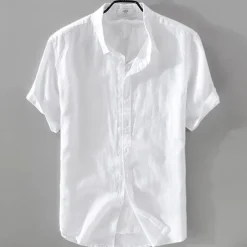 Men's Shirt Linen Shirt Casual Shirt Cotton Shirt Plain Vacation Street Black White Pink Blue Short Sleeve Turndown Summer Clothing Apparel Button-Down