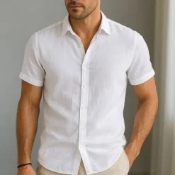 Men's Shirt Linen Shirt Casual Shirt Cotton Shirt Plain Vacation Street Black White Pink Blue Short Sleeve Turndown Summer Clothing Apparel Button-Down