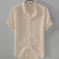 Men's Shirt Linen Shirt Casual Shirt Cotton Shirt Plain Vacation Street Black White Pink Blue Short Sleeve Turndown Summer Clothing Apparel Button-Down