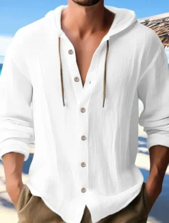Men&#039;s Shirt Linen Shirt Calico Shirt Beach Wear Button Up Shirt Hooded Shirt Plain Casual Daily Black White Blue Green Long Sleeve Hooded Spring &amp; Summer Clothing Apparel Buttons