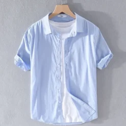 Men's Shirt Linen Shirt Casual Shirt Button Up Shirt Cotton Shirt Plain Vacation Street White Light Green Navy Blue Green Short Sleeve Turndown Summer Clothing Apparel Button-Down