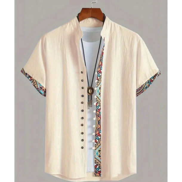 Men's Shirt Linen Shirt Casual Shirt Button Up Shirt Cotton Shirt Color Block Vacation Street Apricot Short Sleeve Band Collar Summer Clothing Apparel Splice