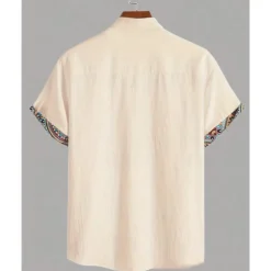 Men's Shirt Linen Shirt Casual Shirt Button Up Shirt Cotton Shirt Color Block Vacation Street Apricot Short Sleeve Band Collar Summer Clothing Apparel Splice