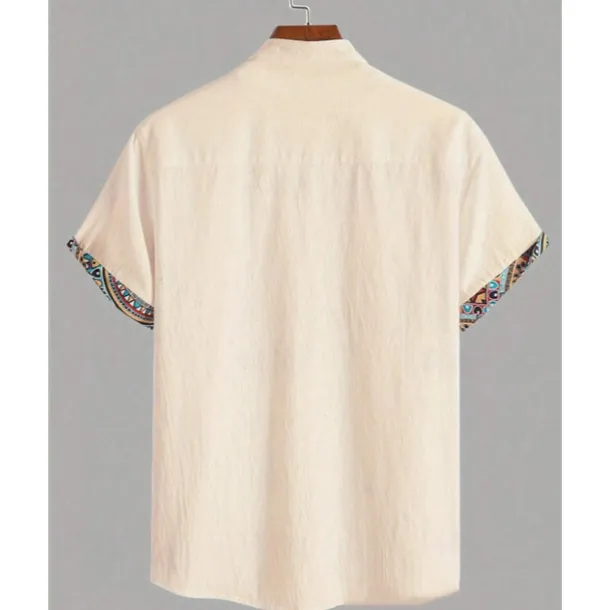 Men's Shirt Linen Shirt Casual Shirt Button Up Shirt Cotton Shirt Color Block Vacation Street Apricot Short Sleeve Band Collar Summer Clothing Apparel Splice