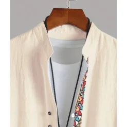 Men's Shirt Linen Shirt Casual Shirt Button Up Shirt Cotton Shirt Color Block Vacation Street Apricot Short Sleeve Band Collar Summer Clothing Apparel Splice