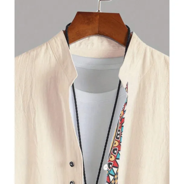 Men's Shirt Linen Shirt Casual Shirt Button Up Shirt Cotton Shirt Color Block Vacation Street Apricot Short Sleeve Band Collar Summer Clothing Apparel Splice