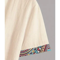 Men's Shirt Linen Shirt Casual Shirt Button Up Shirt Cotton Shirt Color Block Vacation Street Apricot Short Sleeve Band Collar Summer Clothing Apparel Splice