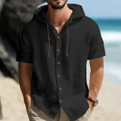 Men's Shirt Linen Shirt Casual Shirt Button Up Shirt Plain Vacation Street Black White Blue Khaki Short Sleeve Hooded Summer Clothing Apparel Adjustable Drawstring Hood