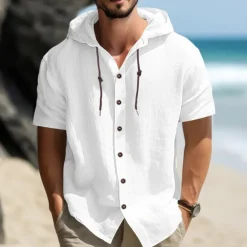 Men's Shirt Linen Shirt Casual Shirt Button Up Shirt Plain Vacation Street Black White Blue Khaki Short Sleeve Hooded Summer Clothing Apparel Adjustable Drawstring Hood