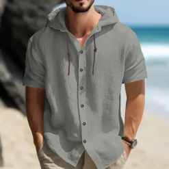 Men's Shirt Linen Shirt Casual Shirt Button Up Shirt Plain Vacation Street Black White Blue Khaki Short Sleeve Hooded Summer Clothing Apparel Adjustable Drawstring Hood