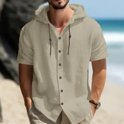 Men's Shirt Linen Shirt Casual Shirt Button Up Shirt Plain Vacation Street Black White Blue Khaki Short Sleeve Hooded Summer Clothing Apparel Adjustable Drawstring Hood