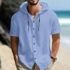 Men's Shirt Linen Shirt Casual Shirt Button Up Shirt Plain Vacation Street Black White Blue Khaki Short Sleeve Hooded Summer Clothing Apparel Adjustable Drawstring Hood