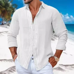 Men's Shirt Linen Shirt Casual Shirt Button Up Shirt Cotton Shirt Color Block Vacation Hawaiian White Sky Blue Gray Long Sleeve Lapel Spring Fall Clothing Apparel Patchwork