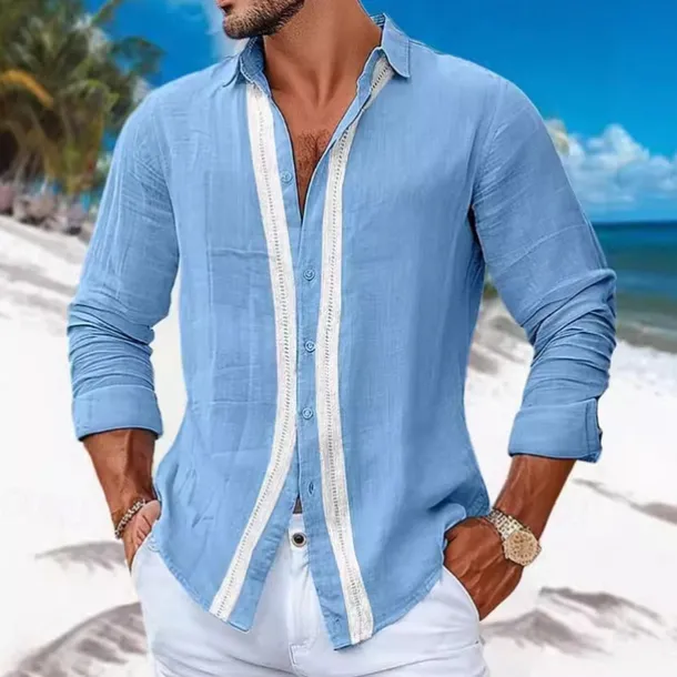Men's Shirt Linen Shirt Casual Shirt Button Up Shirt Cotton Shirt Color Block Vacation Hawaiian White Sky Blue Gray Long Sleeve Lapel Spring Fall Clothing Apparel Patchwork