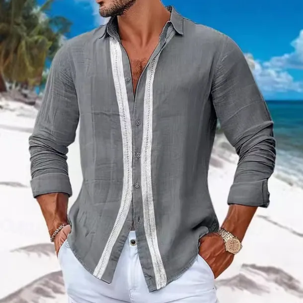 Men's Shirt Linen Shirt Casual Shirt Button Up Shirt Cotton Shirt Color Block Vacation Hawaiian White Sky Blue Gray Long Sleeve Lapel Spring Fall Clothing Apparel Patchwork