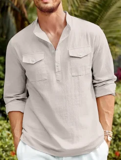 Men&#039;s Shirt Linen Shirt Casual Shirt Beach Shirt Black White Blue Long Sleeve Plain Stand Collar Spring &amp; Summer Hawaiian Holiday Clothing Apparel Basic