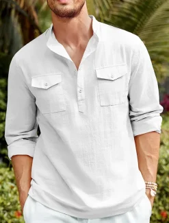 Men&#039;s Shirt Linen Shirt Casual Shirt Beach Shirt Black White Blue Long Sleeve Plain Stand Collar Spring &amp; Summer Hawaiian Holiday Clothing Apparel Basic