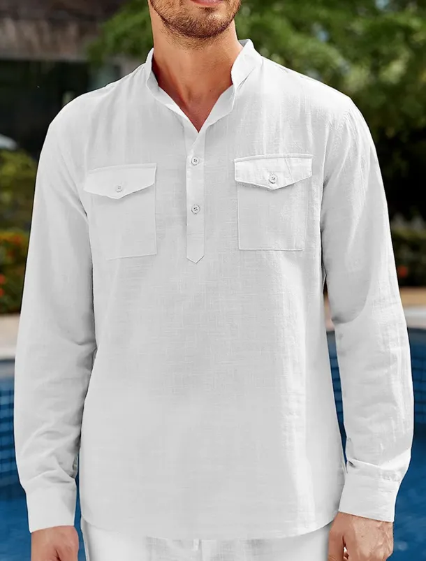 Men's Shirt Linen Shirt Casual Shirt Beach Shirt Black White Blue Long Sleeve Plain Stand Collar Spring & Summer Hawaiian Holiday Clothing Apparel Basic