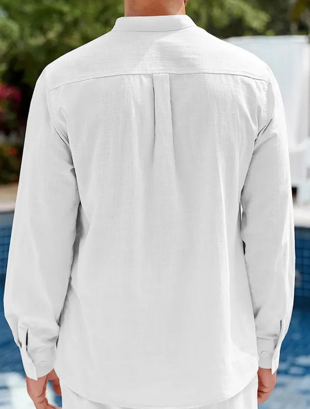 Men's Shirt Linen Shirt Casual Shirt Beach Shirt Black White Blue Long Sleeve Plain Stand Collar Spring & Summer Hawaiian Holiday Clothing Apparel Basic