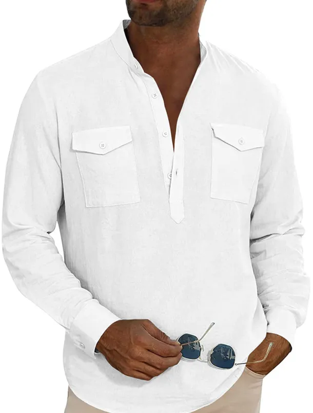 Men's Shirt Linen Shirt Casual Shirt Beach Shirt Black White Blue Long Sleeve Plain Stand Collar Spring & Summer Hawaiian Holiday Clothing Apparel Basic