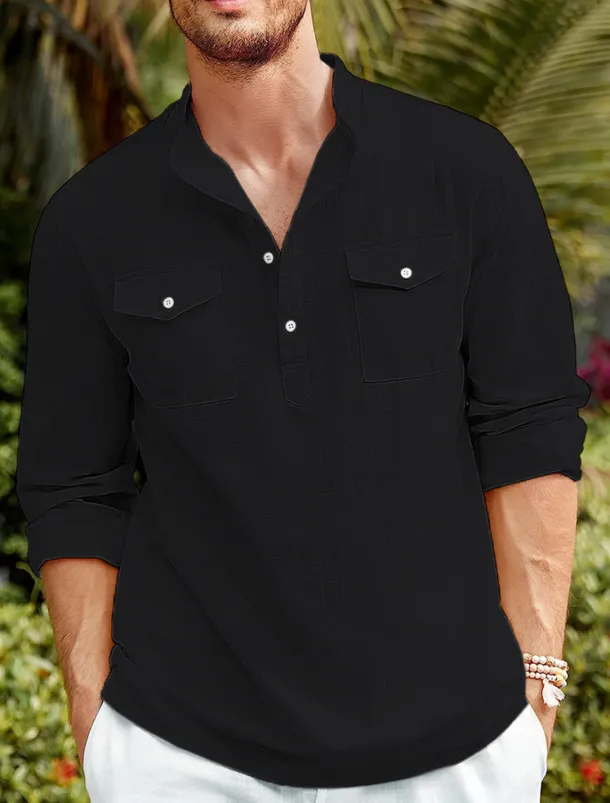 Men's Shirt Linen Shirt Casual Shirt Beach Shirt Black White Blue Long Sleeve Plain Stand Collar Spring & Summer Hawaiian Holiday Clothing Apparel Basic