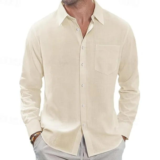 Men's Shirt Linen Shirt Casual Shirt Button Up Shirt Cotton Shirt Plain Vacation Hawaiian White Navy Blue Sky Blue Khaki Long Sleeve Lapel Spring Fall Clothing Apparel Pocket