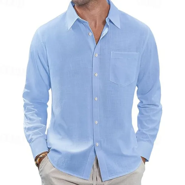 Men's Shirt Linen Shirt Casual Shirt Button Up Shirt Cotton Shirt Plain Vacation Hawaiian White Navy Blue Sky Blue Khaki Long Sleeve Lapel Spring Fall Clothing Apparel Pocket