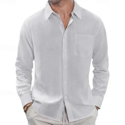 Men's Shirt Linen Shirt Casual Shirt Button Up Shirt Cotton Shirt Plain Vacation Hawaiian White Navy Blue Sky Blue Khaki Long Sleeve Lapel Spring Fall Clothing Apparel Pocket