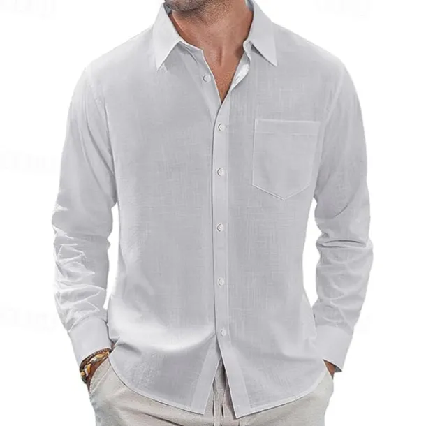 Men's Shirt Linen Shirt Casual Shirt Button Up Shirt Cotton Shirt Plain Vacation Hawaiian White Navy Blue Sky Blue Khaki Long Sleeve Lapel Spring Fall Clothing Apparel Pocket