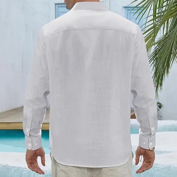 Men's Shirt Linen Shirt Casual Shirt Button Up Shirt Cotton Shirt Plain Vacation Hawaiian White Navy Blue Sky Blue Khaki Long Sleeve Lapel Spring Fall Clothing Apparel Pocket
