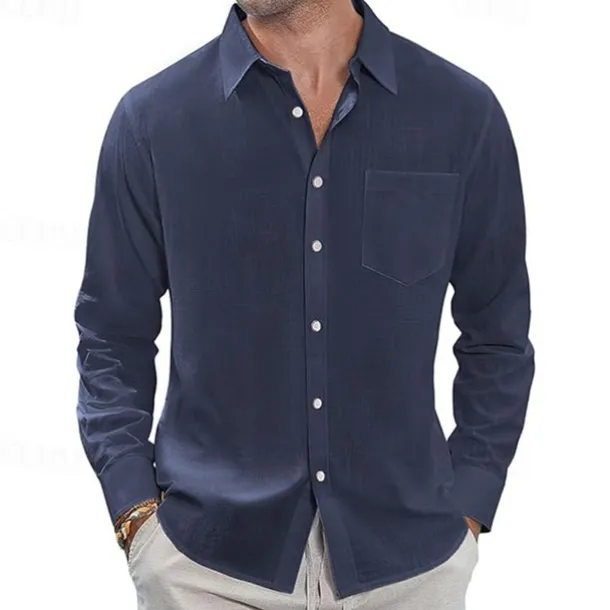 Men's Shirt Linen Shirt Casual Shirt Button Up Shirt Cotton Shirt Plain Vacation Hawaiian White Navy Blue Sky Blue Khaki Long Sleeve Lapel Spring Fall Clothing Apparel Pocket