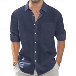 Men's Shirt Linen Shirt Casual Shirt Button Up Shirt Cotton Shirt Plain Vacation Hawaiian White Navy Blue Sky Blue Khaki Long Sleeve Lapel Spring Fall Clothing Apparel Pocket