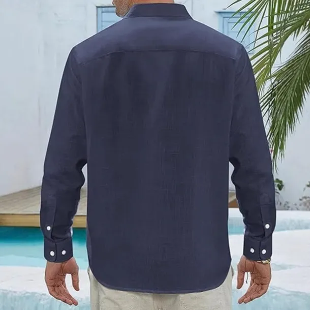 Men's Shirt Linen Shirt Casual Shirt Button Up Shirt Cotton Shirt Plain Vacation Hawaiian White Navy Blue Sky Blue Khaki Long Sleeve Lapel Spring Fall Clothing Apparel Pocket