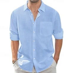 Men's Shirt Linen Shirt Casual Shirt Button Up Shirt Cotton Shirt Plain Vacation Hawaiian White Navy Blue Sky Blue Khaki Long Sleeve Lapel Spring Fall Clothing Apparel Pocket