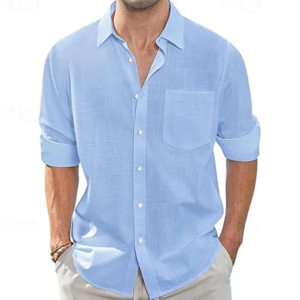 Men's Shirt Linen Shirt Casual Shirt Button Up Shirt Cotton Shirt Plain Vacation Hawaiian White Navy Blue Sky Blue Khaki Long Sleeve Lapel Spring Fall Clothing Apparel Pocket