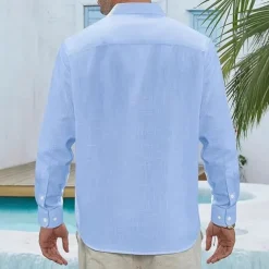 Men's Shirt Linen Shirt Casual Shirt Button Up Shirt Cotton Shirt Plain Vacation Hawaiian White Navy Blue Sky Blue Khaki Long Sleeve Lapel Spring Fall Clothing Apparel Pocket