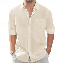 Men's Shirt Linen Shirt Casual Shirt Button Up Shirt Cotton Shirt Plain Vacation Hawaiian White Navy Blue Sky Blue Khaki Long Sleeve Lapel Spring Fall Clothing Apparel Pocket