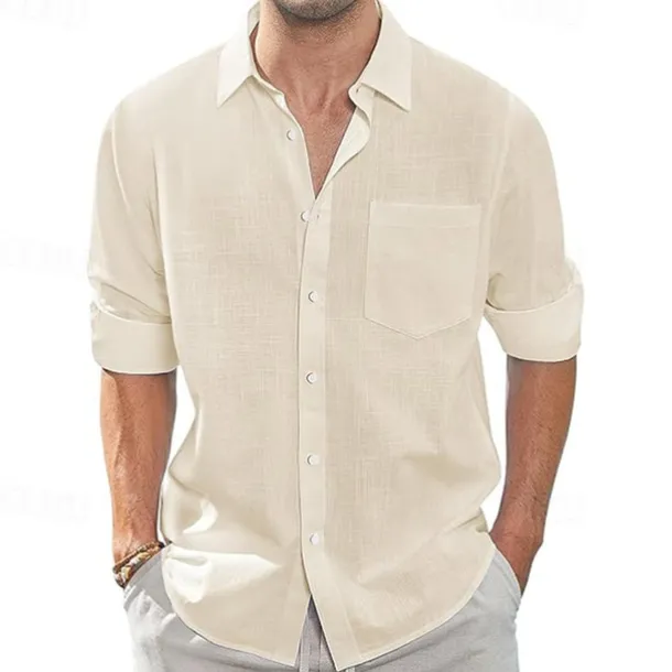 Men's Shirt Linen Shirt Casual Shirt Button Up Shirt Cotton Shirt Plain Vacation Hawaiian White Navy Blue Sky Blue Khaki Long Sleeve Lapel Spring Fall Clothing Apparel Pocket