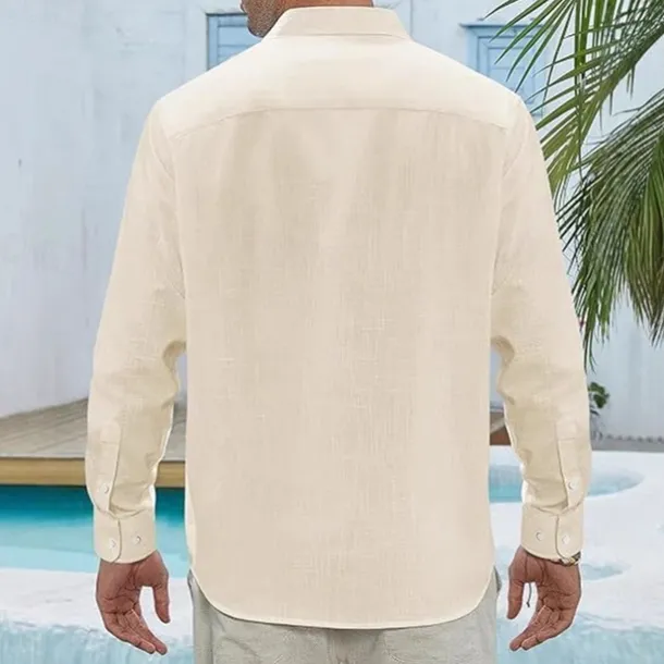Men's Shirt Linen Shirt Casual Shirt Button Up Shirt Cotton Shirt Plain Vacation Hawaiian White Navy Blue Sky Blue Khaki Long Sleeve Lapel Spring Fall Clothing Apparel Pocket