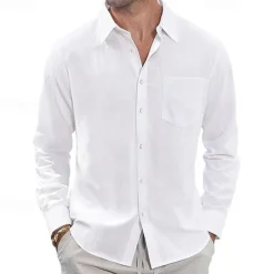 Men's Shirt Linen Shirt Casual Shirt Button Up Shirt Cotton Shirt Plain Vacation Hawaiian White Navy Blue Sky Blue Khaki Long Sleeve Lapel Spring Fall Clothing Apparel Pocket