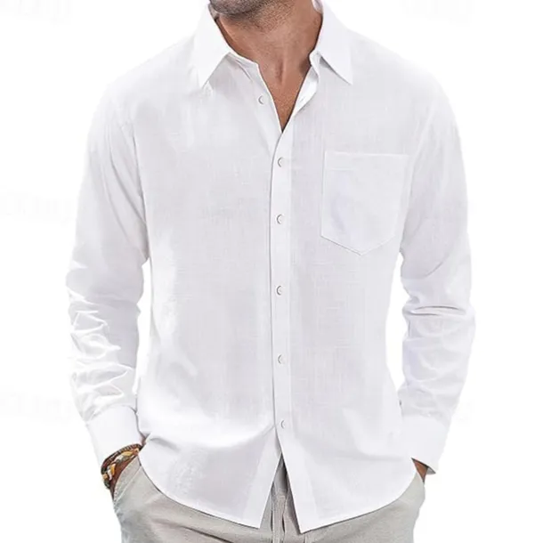 Men's Shirt Linen Shirt Casual Shirt Button Up Shirt Cotton Shirt Plain Vacation Hawaiian White Navy Blue Sky Blue Khaki Long Sleeve Lapel Spring Fall Clothing Apparel Pocket