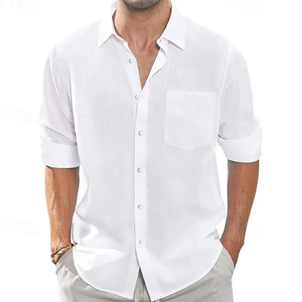 Men's Shirt Linen Shirt Casual Shirt Button Up Shirt Cotton Shirt Plain Vacation Hawaiian White Navy Blue Sky Blue Khaki Long Sleeve Lapel Spring Fall Clothing Apparel Pocket