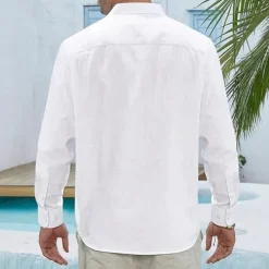 Men's Shirt Linen Shirt Casual Shirt Button Up Shirt Cotton Shirt Plain Vacation Hawaiian White Navy Blue Sky Blue Khaki Long Sleeve Lapel Spring Fall Clothing Apparel Pocket