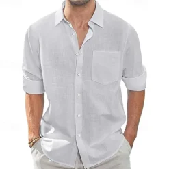 Men's Shirt Linen Shirt Casual Shirt Button Up Shirt Cotton Shirt Plain Vacation Hawaiian White Navy Blue Sky Blue Khaki Long Sleeve Lapel Spring Fall Clothing Apparel Pocket