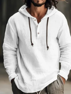 Men&#039;s Shirt Linen Shirt Calico Shirt Hooded Shirt Stripes Casual Daily White Blue Brown Green Long Sleeve Hooded Spring &amp; Summer Clothing Apparel
