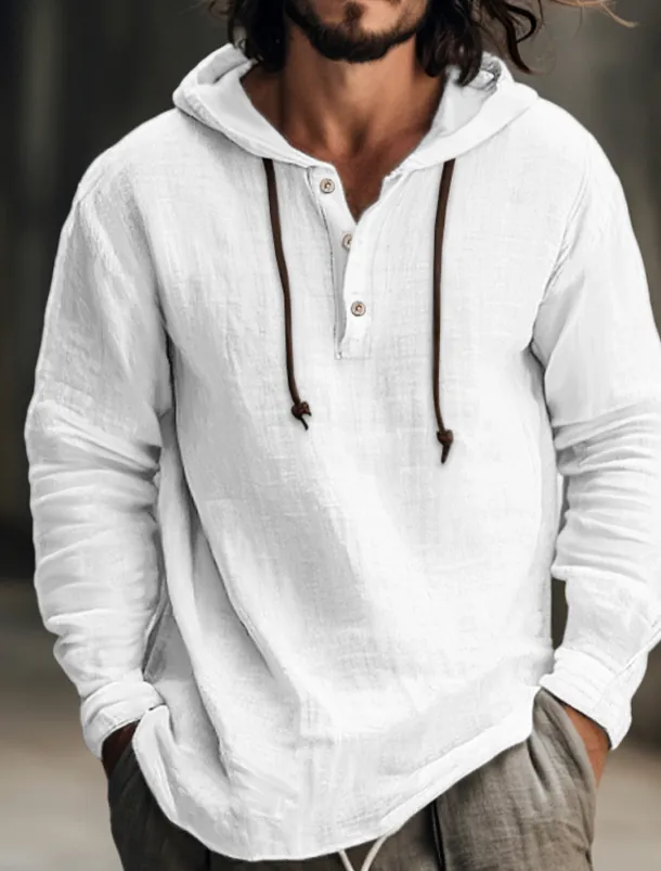 Men's Shirt Linen Shirt Calico Shirt Hooded Shirt Stripes Casual Daily White Blue Brown Green Long Sleeve Hooded Spring & Summer Clothing Apparel