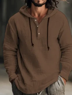 Men&#039;s Shirt Linen Shirt Calico Shirt Hooded Shirt Stripes Casual Daily White Blue Brown Green Long Sleeve Hooded Spring &amp; Summer Clothing Apparel