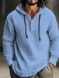 Men's Shirt Linen Shirt Calico Shirt Hooded Shirt Stripes Casual Daily White Blue Brown Green Long Sleeve Hooded Spring & Summer Clothing Apparel
